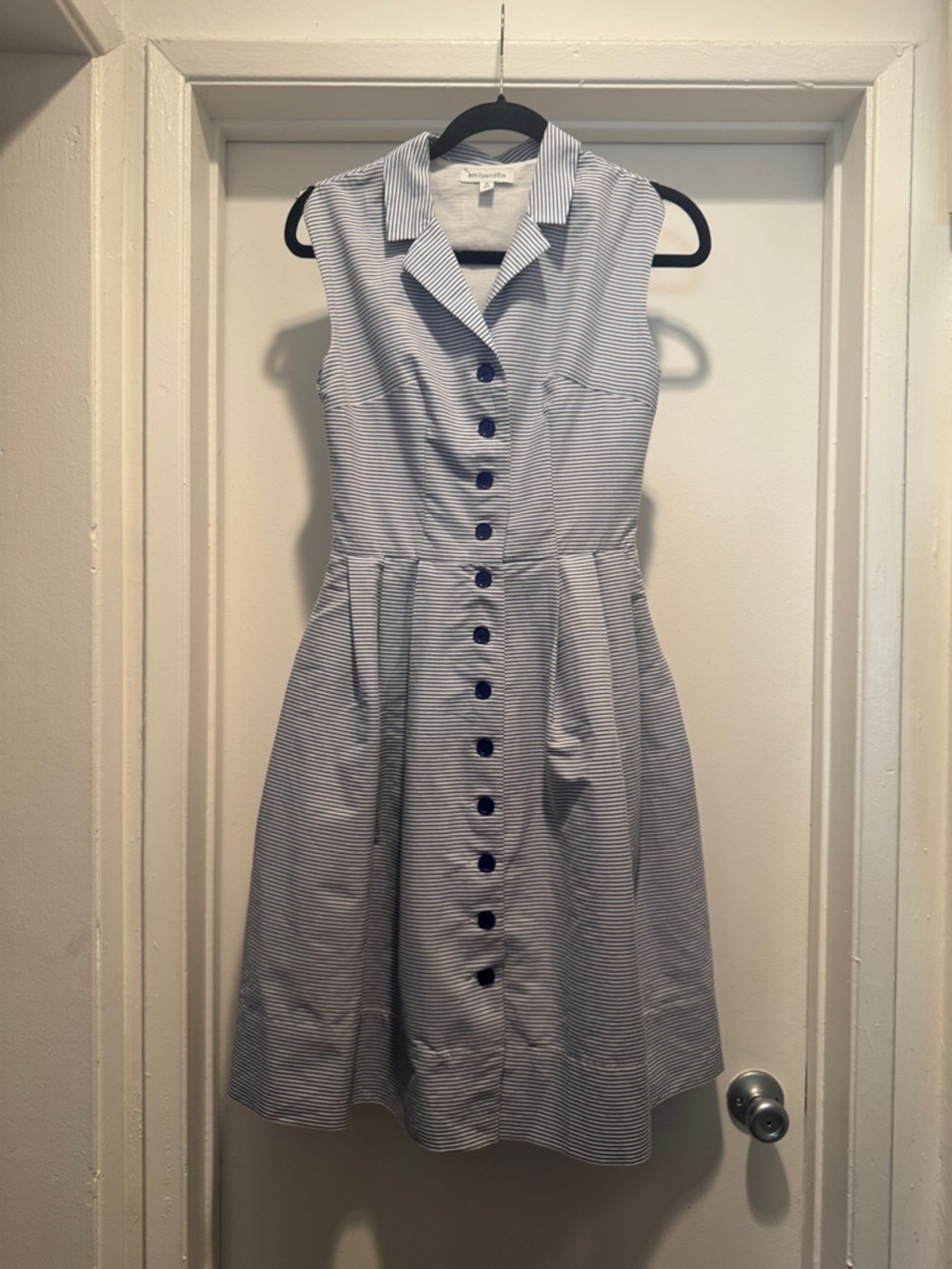 Emily and Fin Sleeveless Blue Stripe Button-Front Pinup Dress